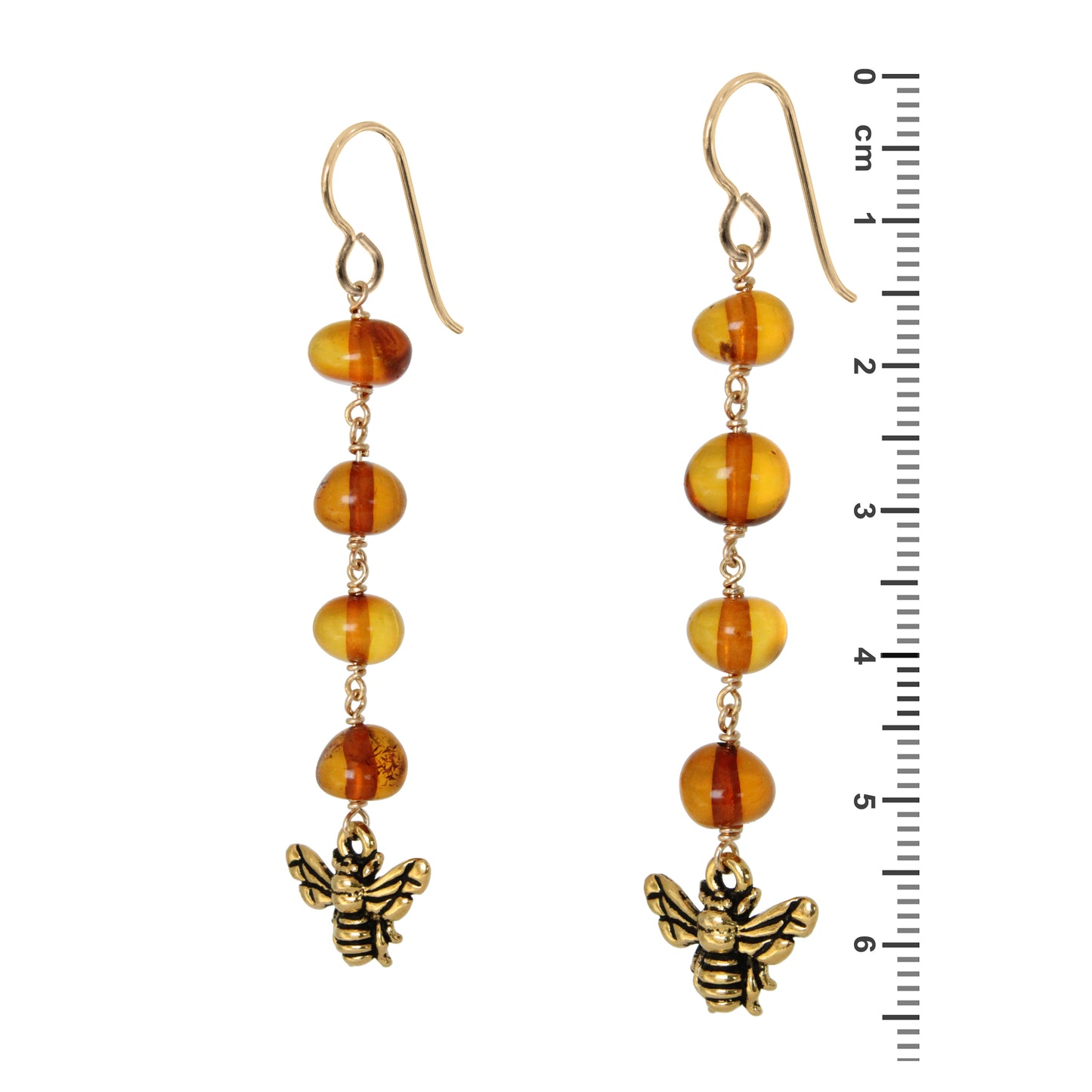 Honeybee Earrings / 65mm length / with Baltic amber and gold filled hook earwires