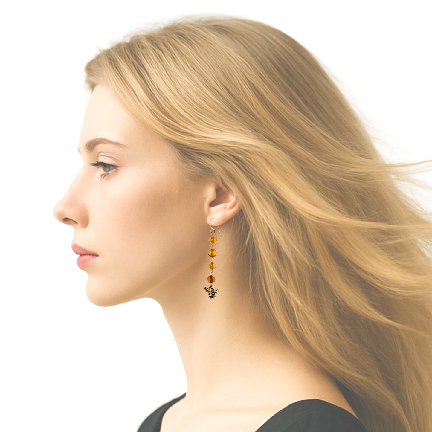 Honeybee Earrings / 65mm length / with Baltic amber and gold filled hook earwires