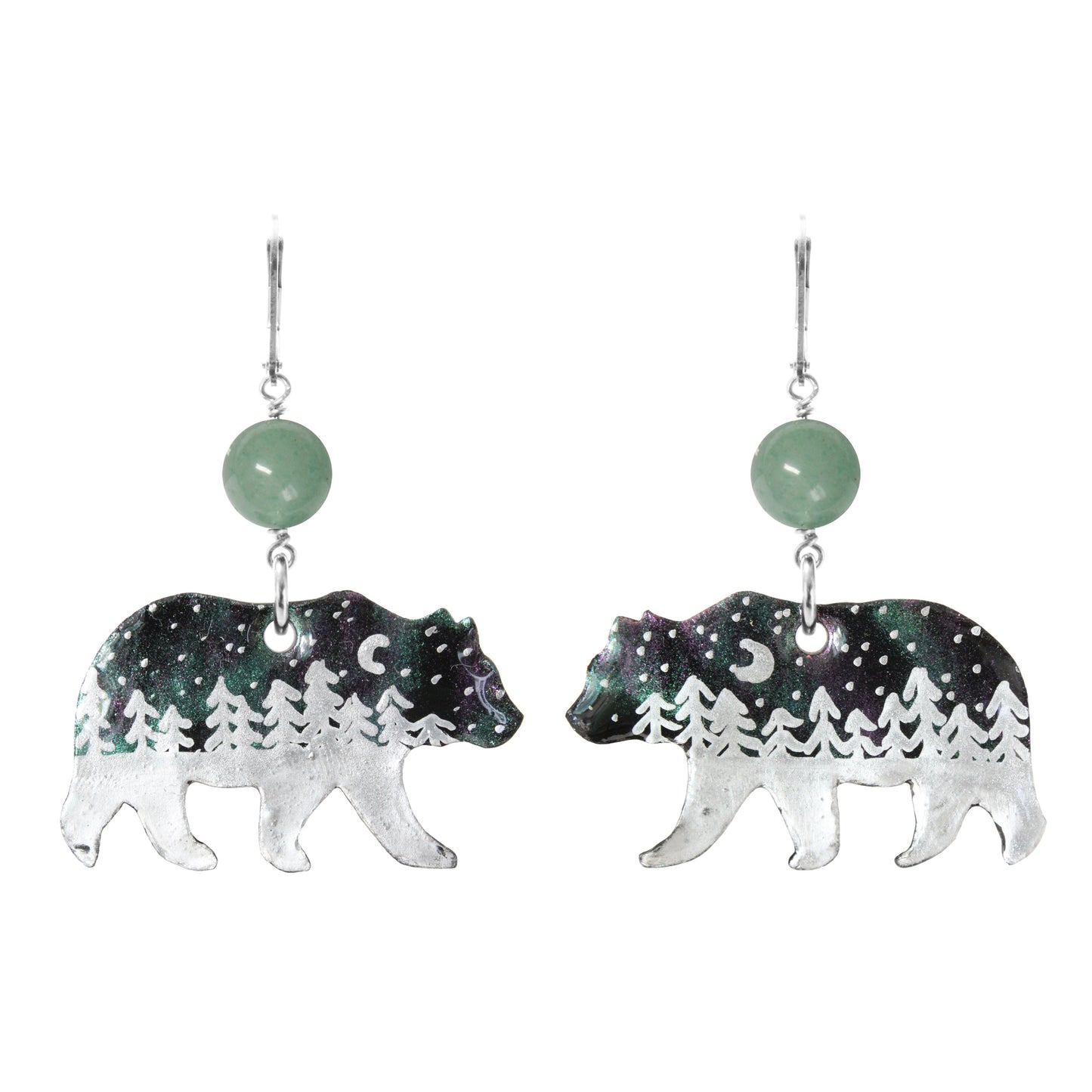 Night Forest Bear Earrings / 57mm length / northern lights / sterling silver leverbacks