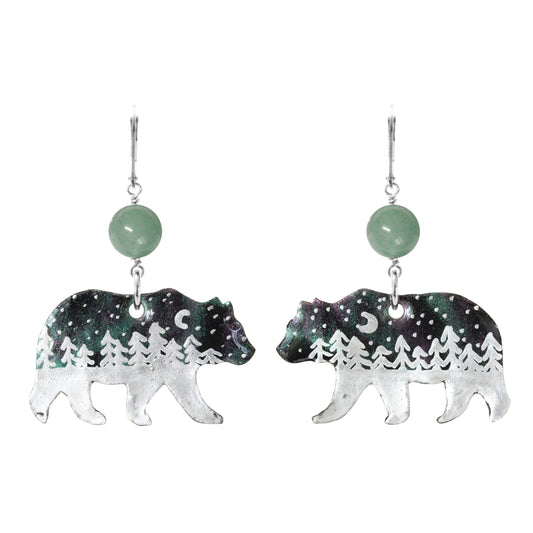 Night Forest Bear Earrings / 57mm length / northern lights / sterling silver leverbacks
