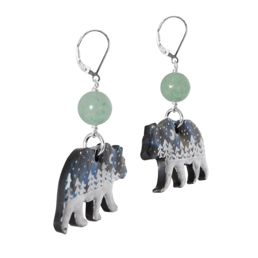 Night Forest Bear Earrings / 57mm length / northern lights / sterling silver leverbacks