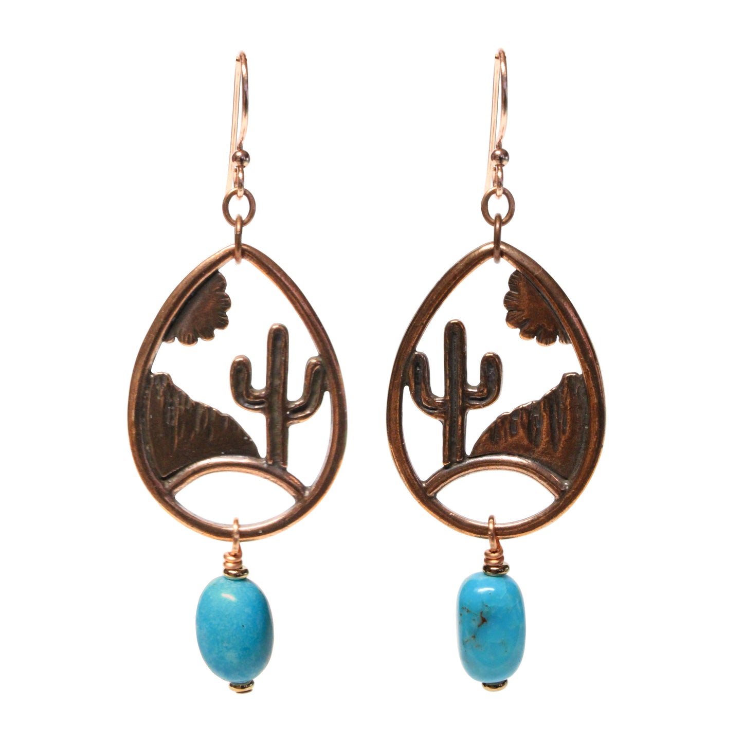 Desert Scene Earrings / 70mm length / stabilized Nacozari turquoise / copper hook earwires
