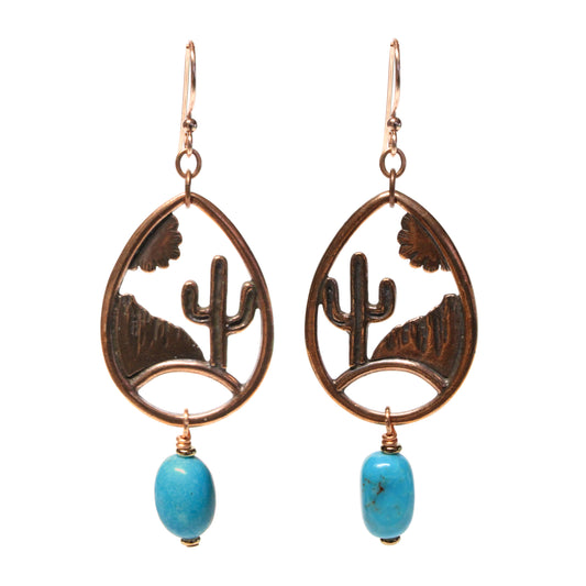Desert Scene Earrings / 70mm length / stabilized Nacozari turquoise / copper hook earwires
