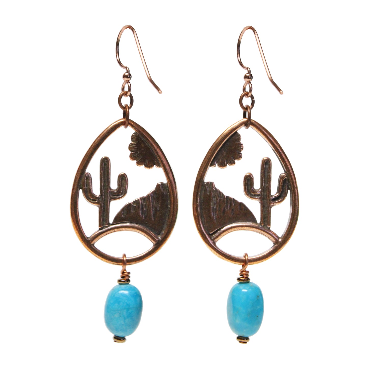 Desert Scene Earrings / 70mm length / stabilized Nacozari turquoise / copper hook earwires