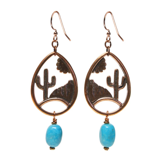 Desert Scene Earrings / 70mm length / stabilized Nacozari turquoise / copper hook earwires