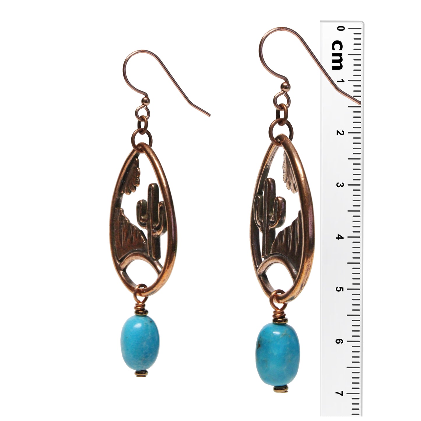 Desert Scene Earrings / 70mm length / stabilized Nacozari turquoise / copper hook earwires