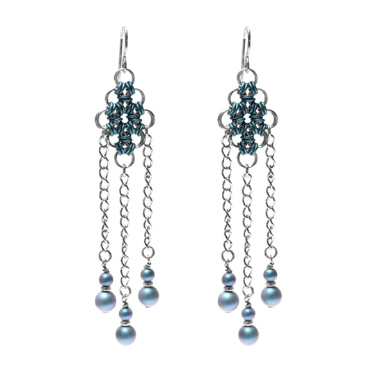 Winter Blue and Silver Chainmail Earrings / 93mm length / Japanese 12-in-2 weave chainmail / crystal pearls / sterling silver earwires