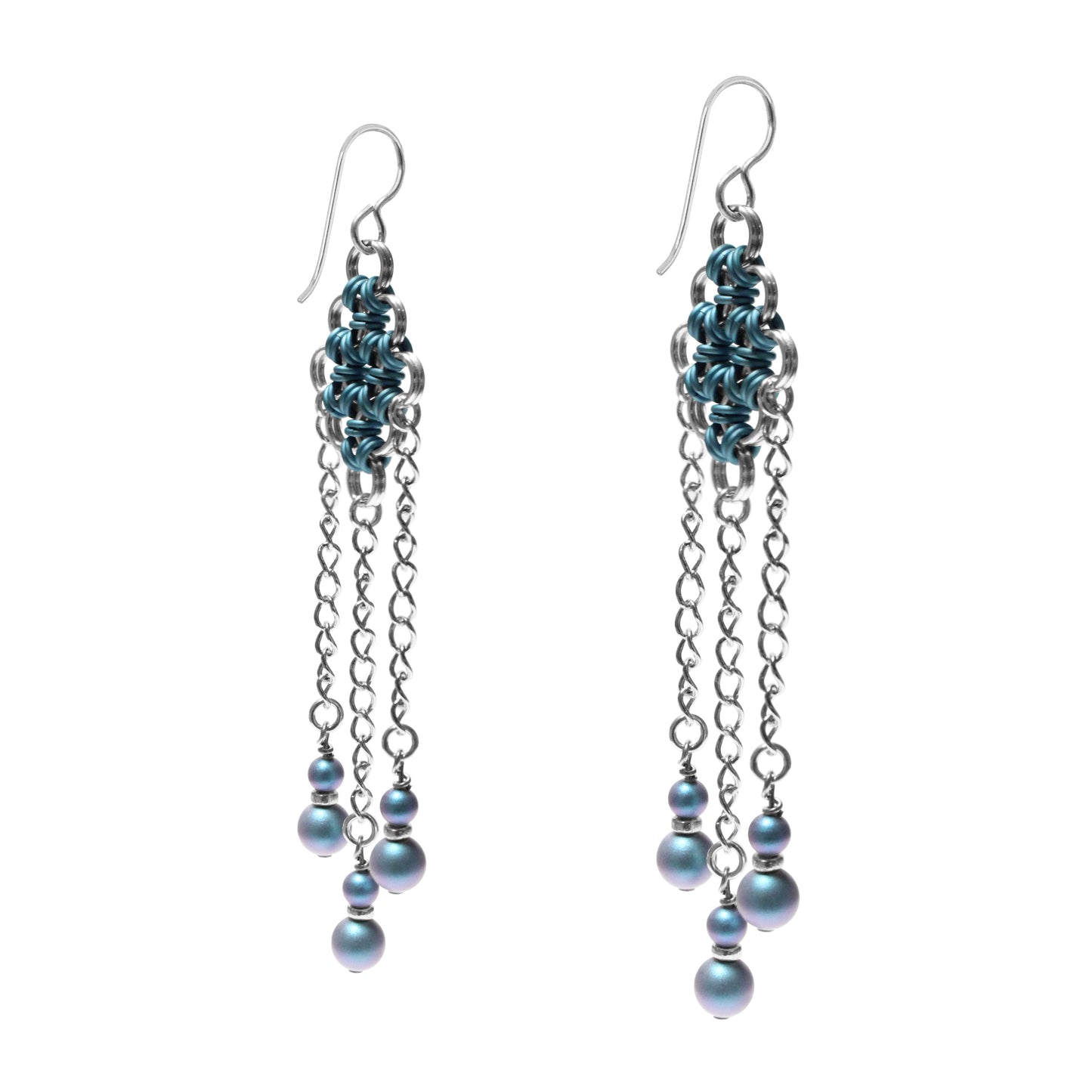 Winter Blue and Silver Chainmail Earrings / 93mm length / Japanese 12-in-2 weave chainmail / crystal pearls / sterling silver earwires