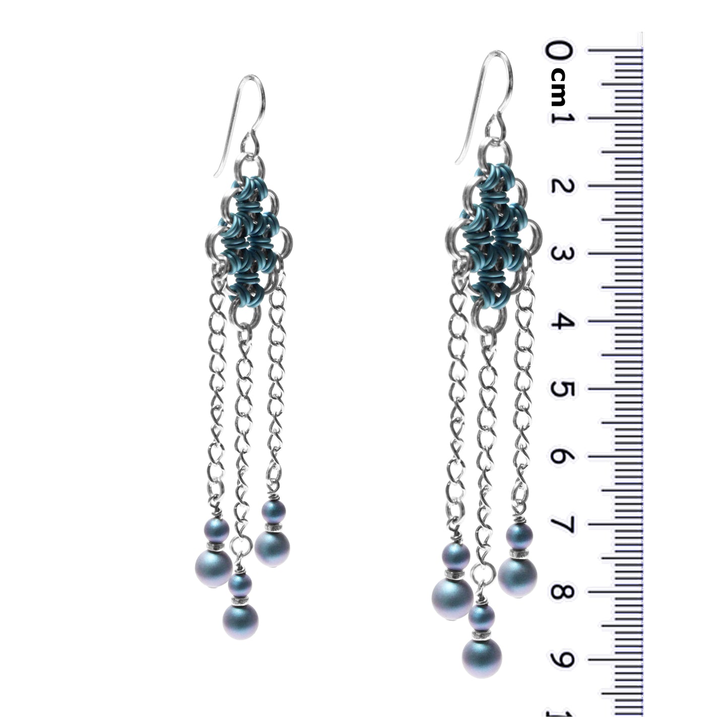 Winter Blue and Silver Chainmail Earrings / 93mm length / Japanese 12-in-2 weave chainmail / crystal pearls / sterling silver earwires