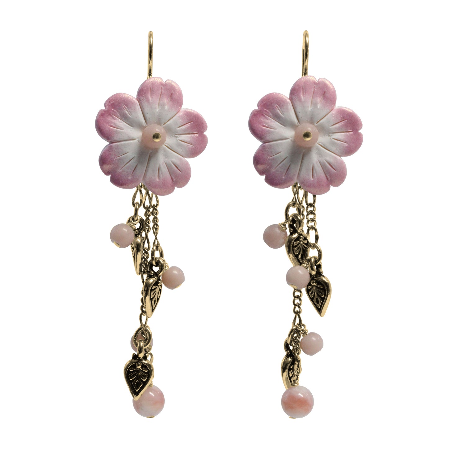 Flower Cascade Earrings / 75mm length / pink opal with gold pewter charms and gold filled earwires