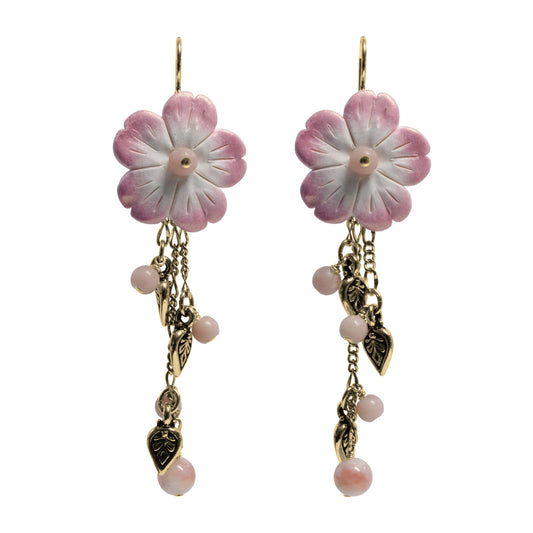 Flower Cascade Earrings / 75mm length / pink opal with gold pewter charms and gold filled earwires
