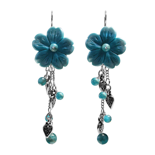 Flower Cascade Earrings / 75mm length / blue apatite with silver pewter charms and sterling silver earwires