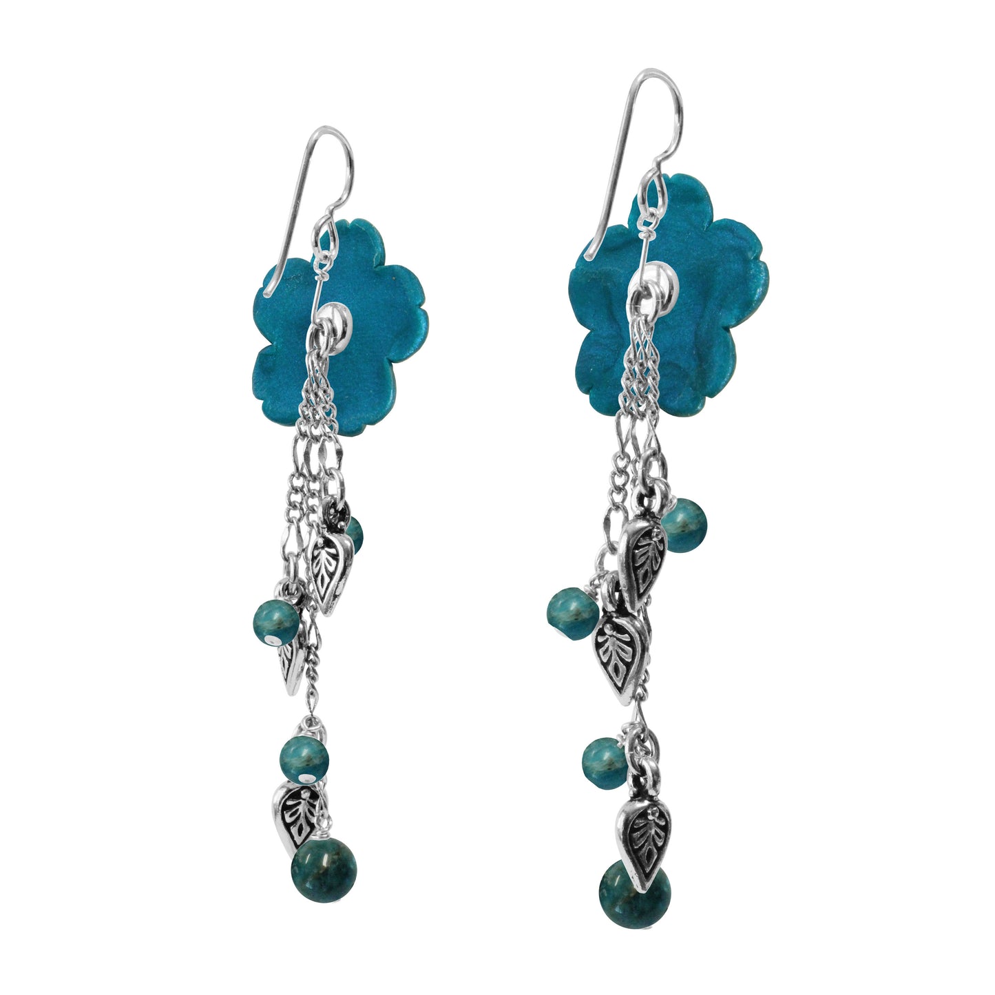 Flower Cascade Earrings / 75mm length / blue apatite with silver pewter charms and sterling silver earwires