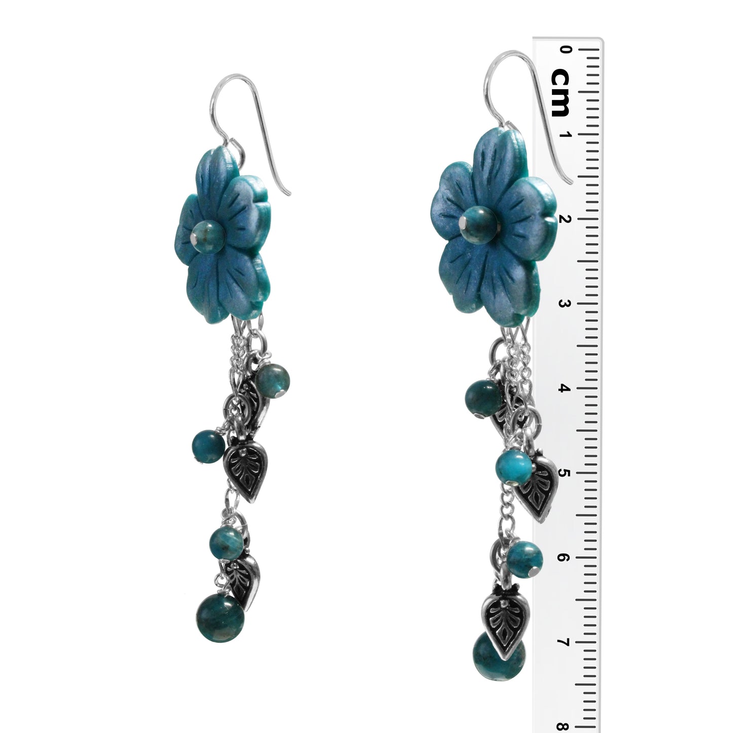 Flower Cascade Earrings / 75mm length / blue apatite with silver pewter charms and sterling silver earwires