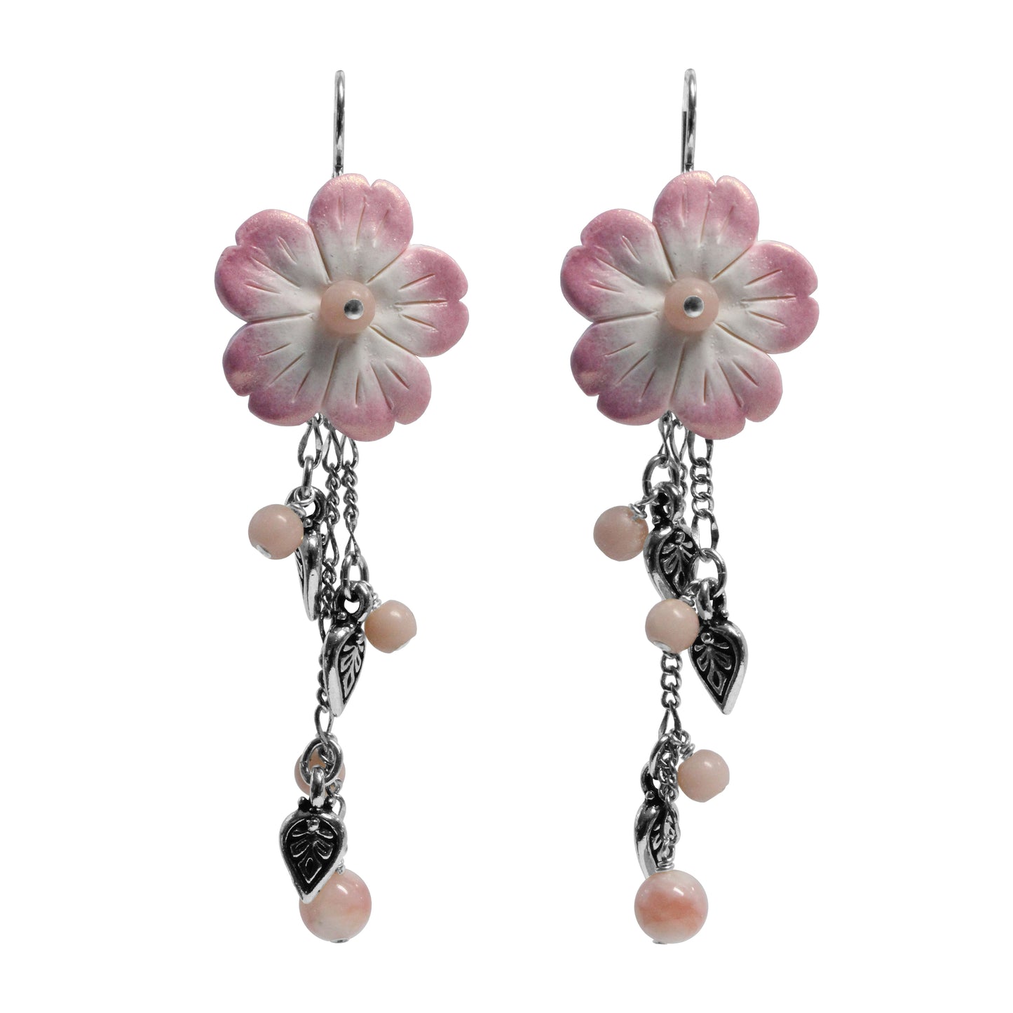 Flower Cascade Earrings / 75mm length / pink opal with silver pewter charms and sterling silver earwires