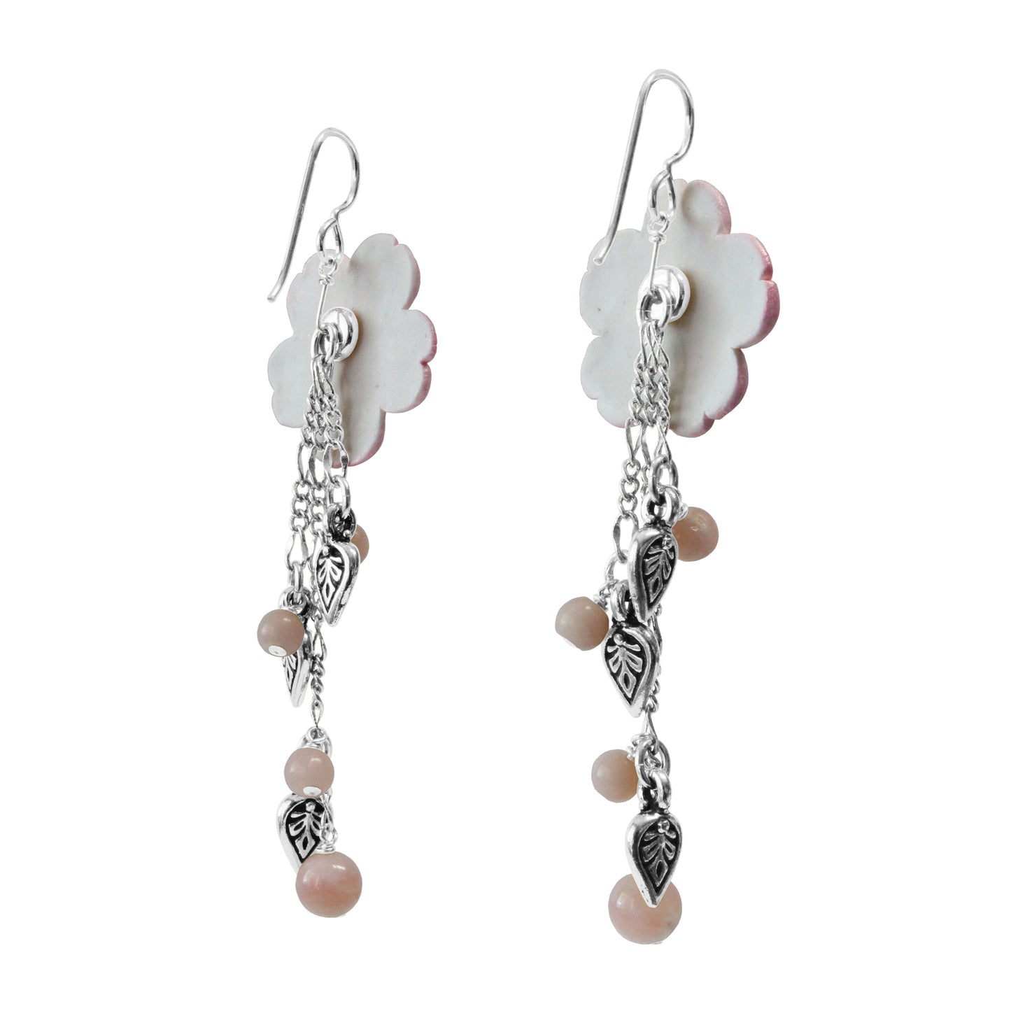 Flower Cascade Earrings / 75mm length / pink opal with silver pewter charms and sterling silver earwires