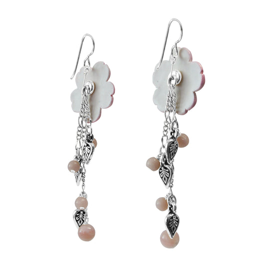 Flower Cascade Earrings / 75mm length / pink opal with silver pewter charms and sterling silver earwires