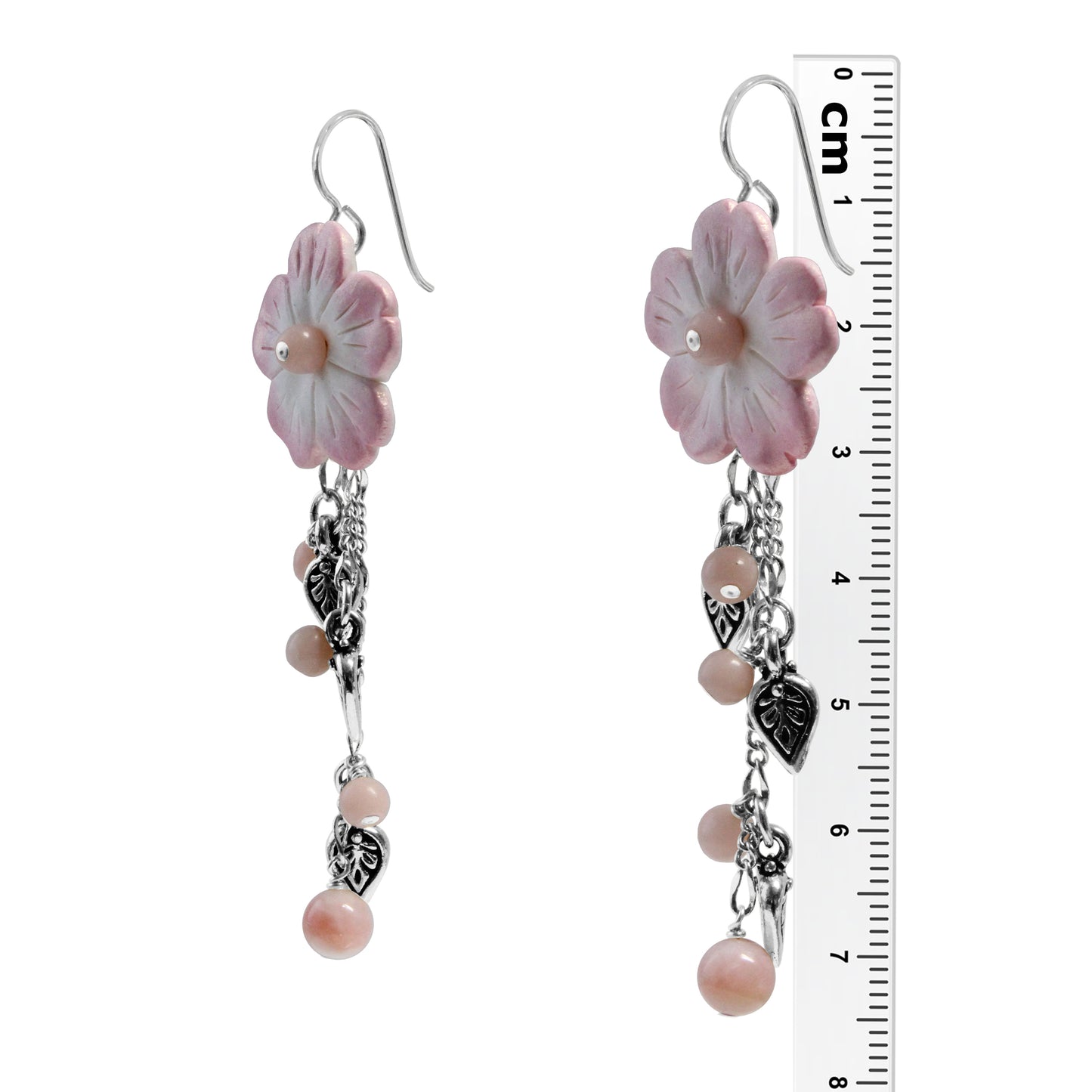 Flower Cascade Earrings / 75mm length / pink opal with silver pewter charms and sterling silver earwires