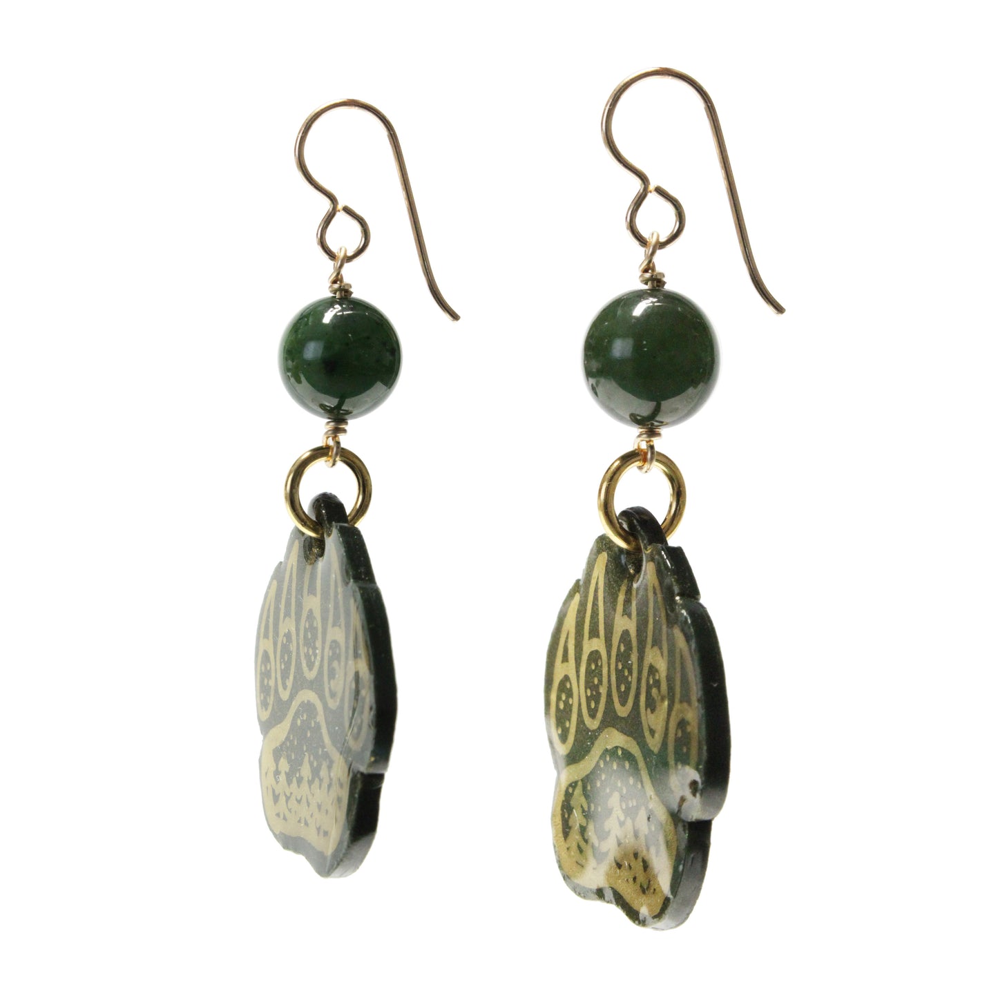 Night Forest Bear Paw Earrings / 60mm length / with BC Jade and gold filled hook earwires