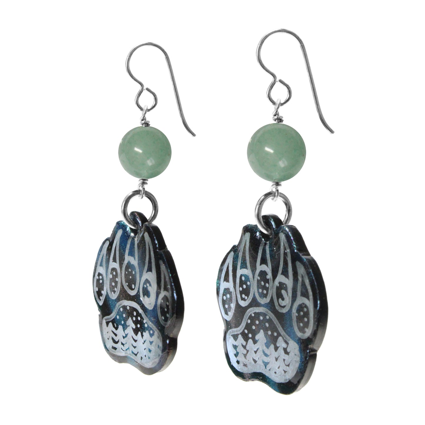 Night Forest Bear Paw Earrings / 60mm length / northern lights effect / sterling silver earwires