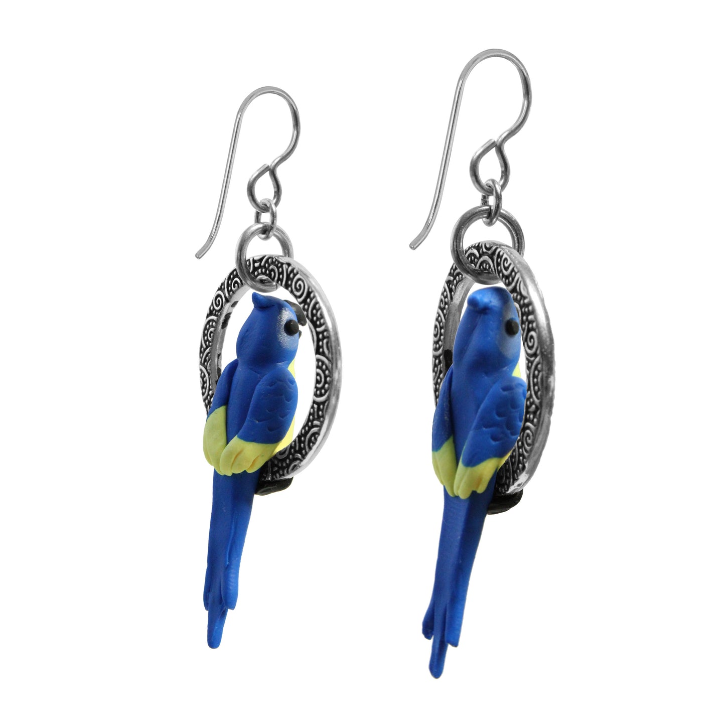 Tropical Macaw Parrot Earrings / 60mm length / blue with yellow / sterling silver earwires