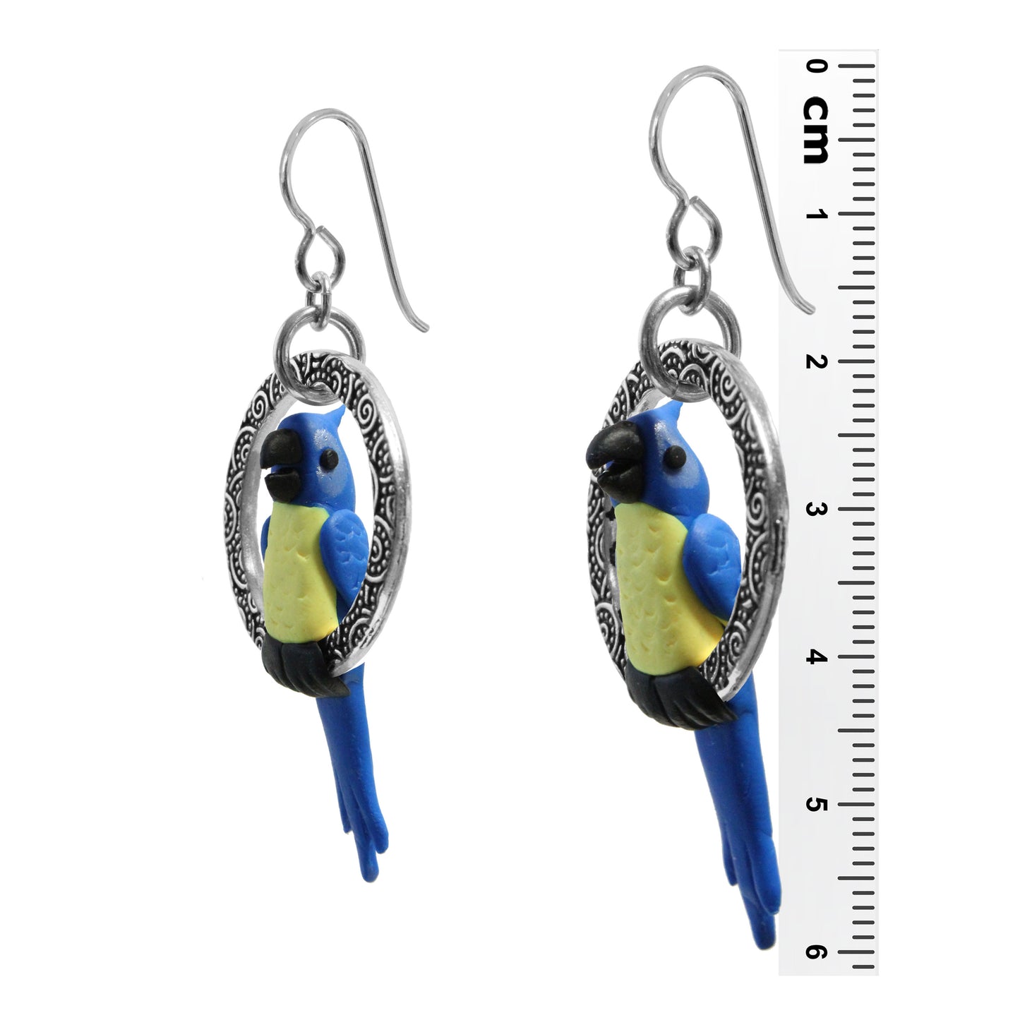Tropical Macaw Parrot Earrings / 60mm length / blue with yellow / sterling silver earwires