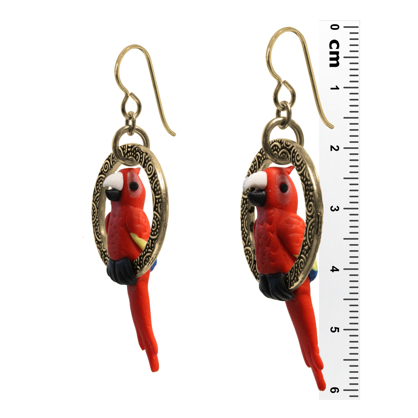 Tropical Macaw Parrot Earrings / 60mm length / red with yellow and blue tipped wings / gold filled earwires