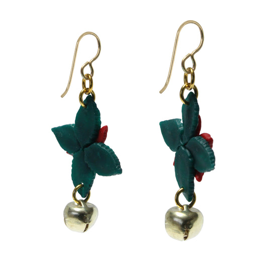 Christmas Poinsettia Earrings with Jingle Bells - reverse view