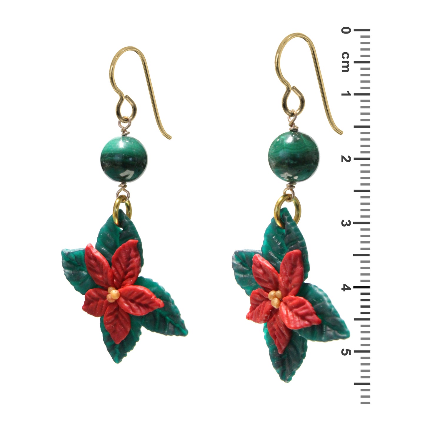 π Christmas Poinsettia Earrings / with malachite & gold filled earwires / 55 mm Length