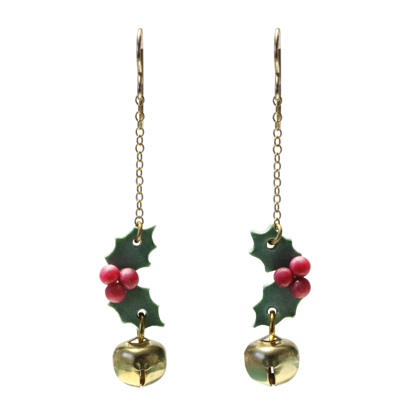 Christmas Holly Chain Earrings with jingle bells