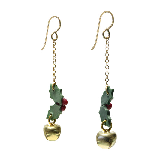 Christmas Holly Chain Earrings with jingle bells - reverse view