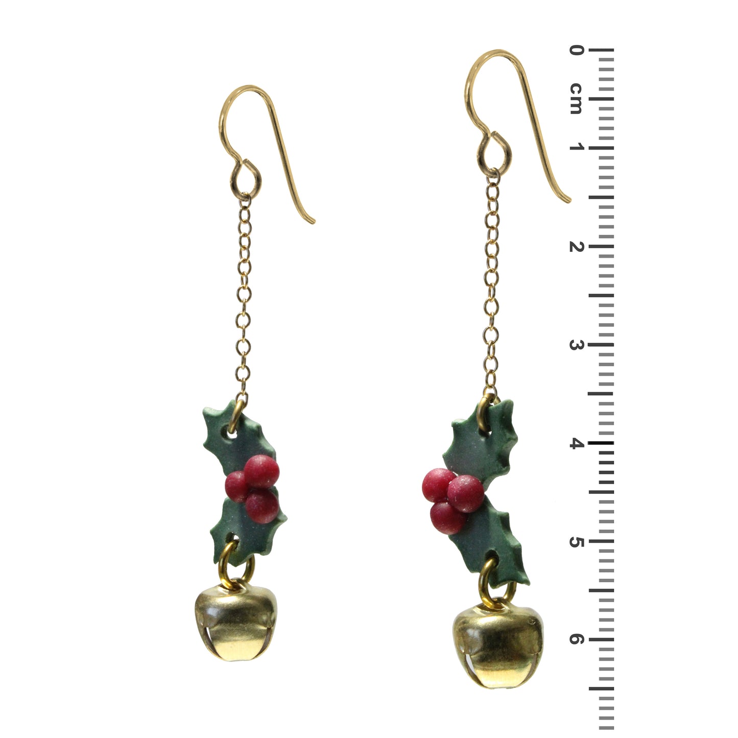 Christmas Holly Chain Earrings with jingle bells - side view