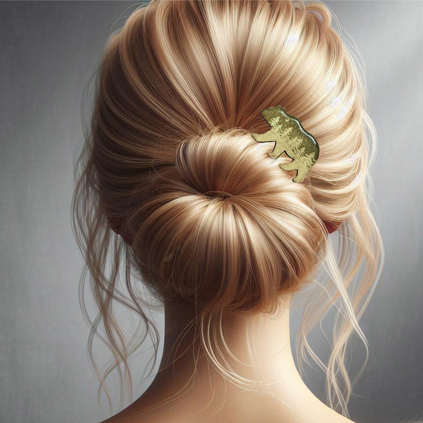 Night Forest Bear Hair Stick / jade green with gold colored metal rod / 135mm length