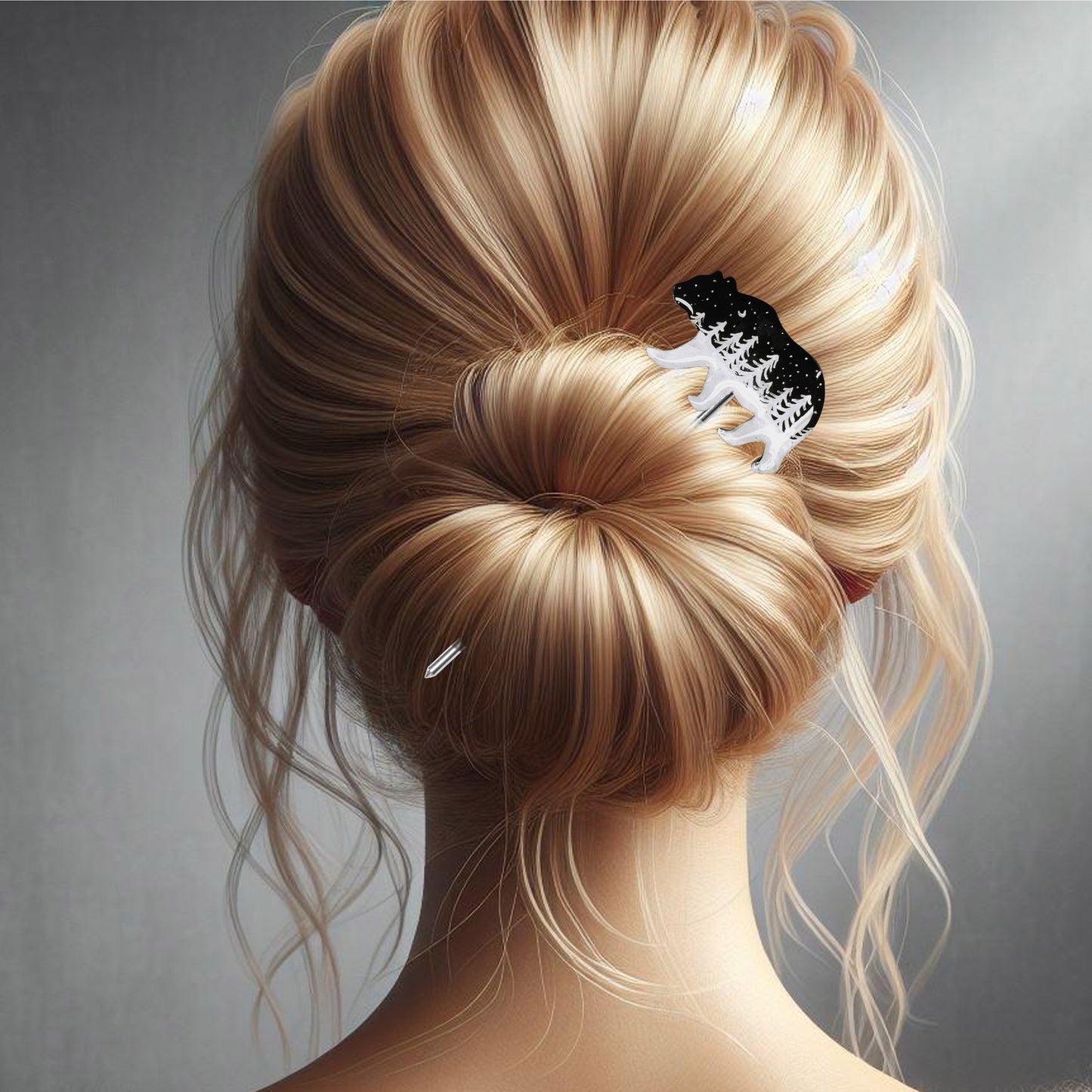 Night Forest Bear Hair Stick / black with silver colored metal rod / 135mm length