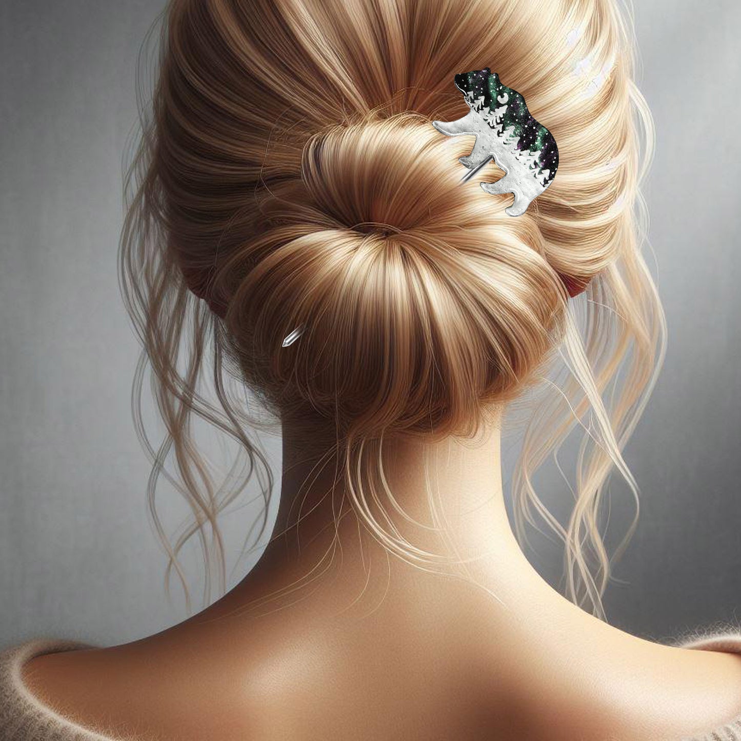 Night Forest Bear Hair Stick / northern lights effect / 135mm length