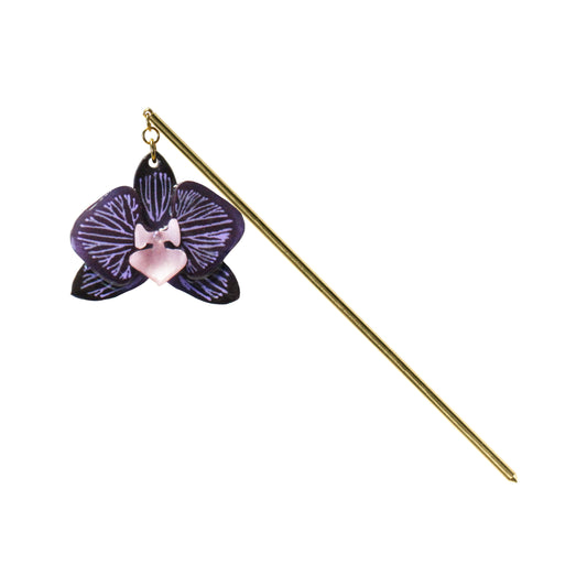 Purple Orchid Hair Stick – Handmade Floral Hair Accessory / with gold colored metal rod