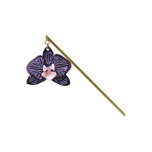 Purple Orchid Hair Stick – Handmade Floral Hair Accessory / with gold colored metal rod