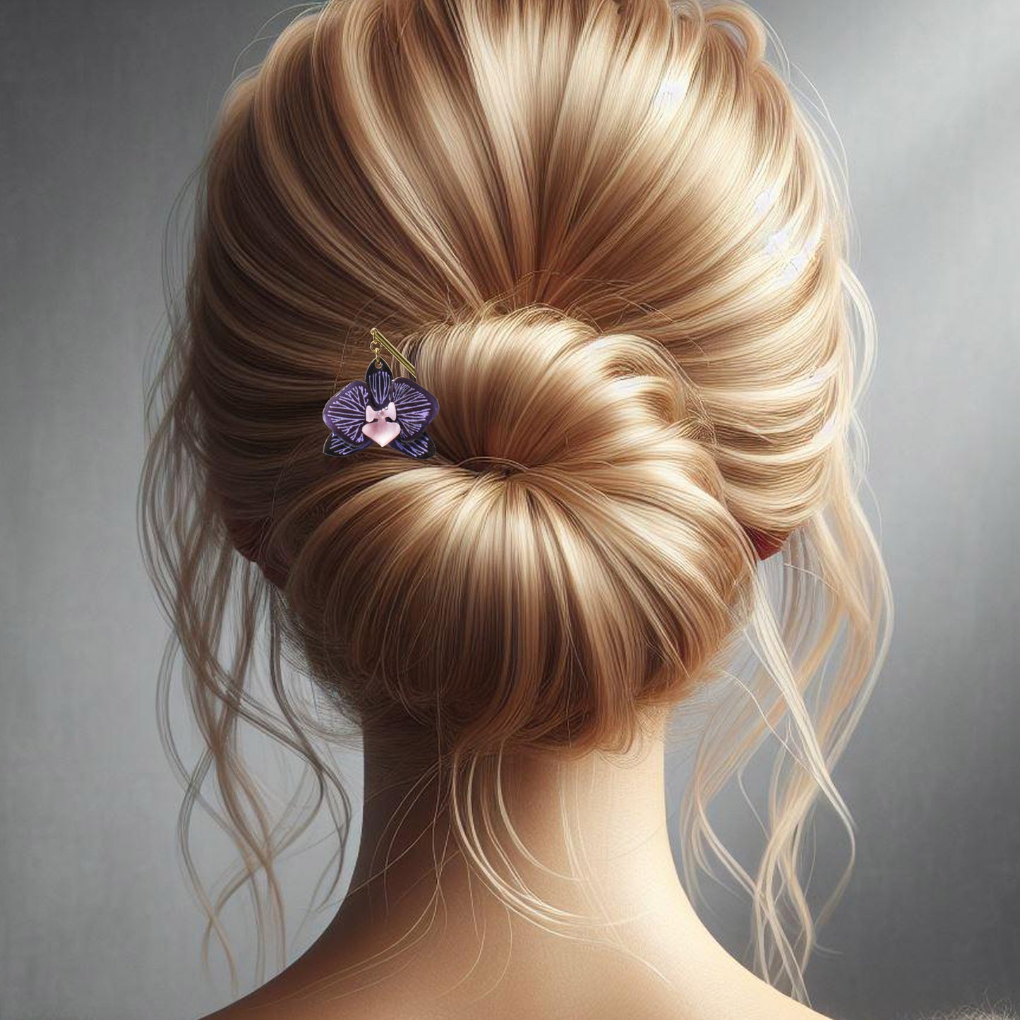 Purple Orchid Hair Stick / with gold colored metal rod