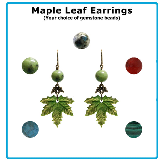 Maple Leaf Earrings / 42mm length / gemstone of your choice