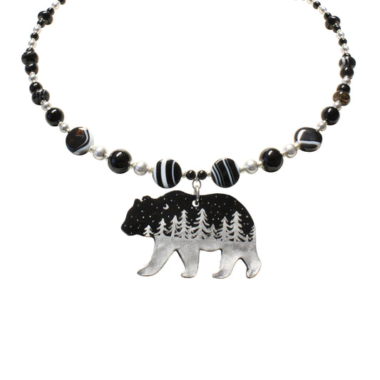 Night Forest Bear Necklace / 16-18 Inch length / black and silver / hand-painted pendant