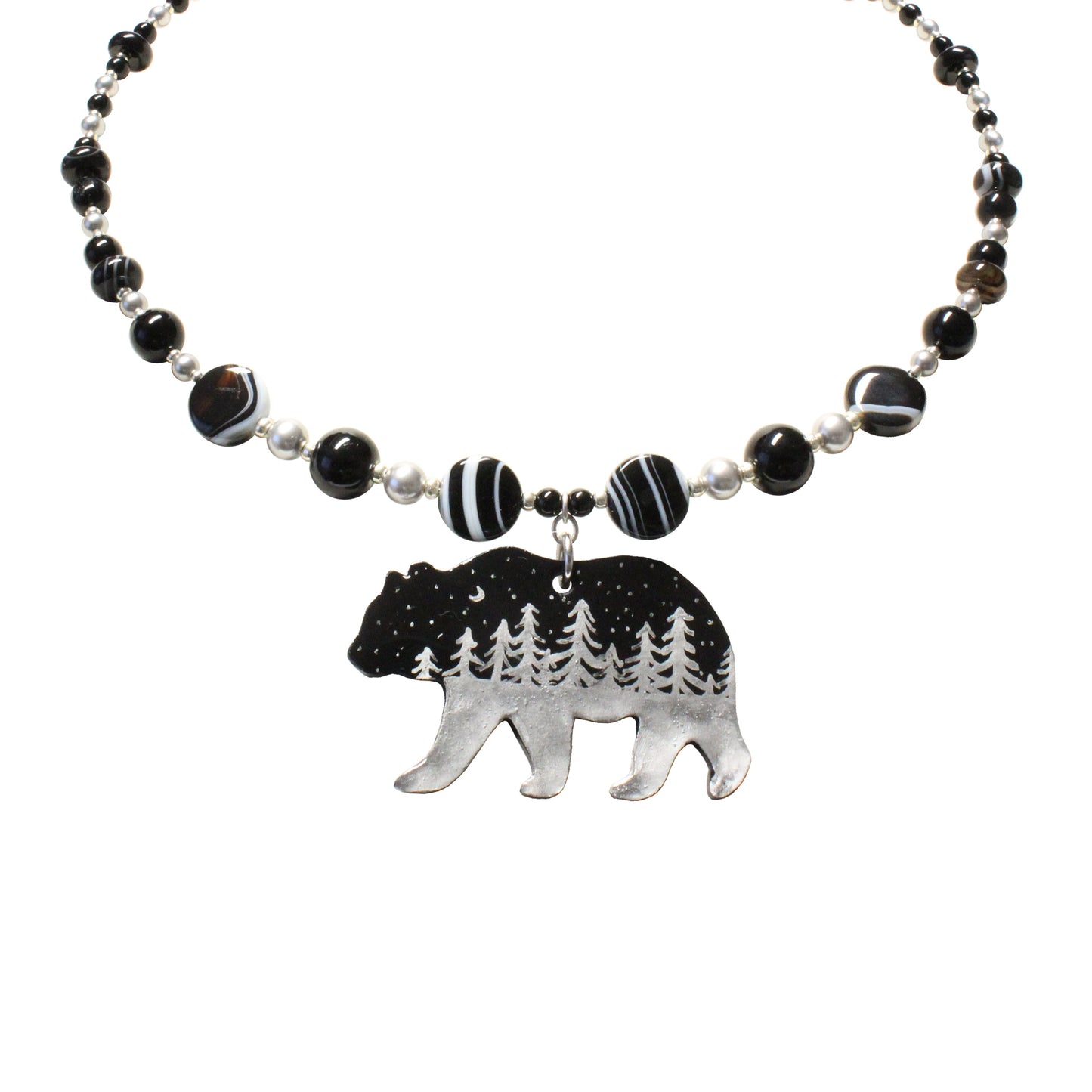 Night Forest Bear Necklace / black and silver / hand-painted pendant
