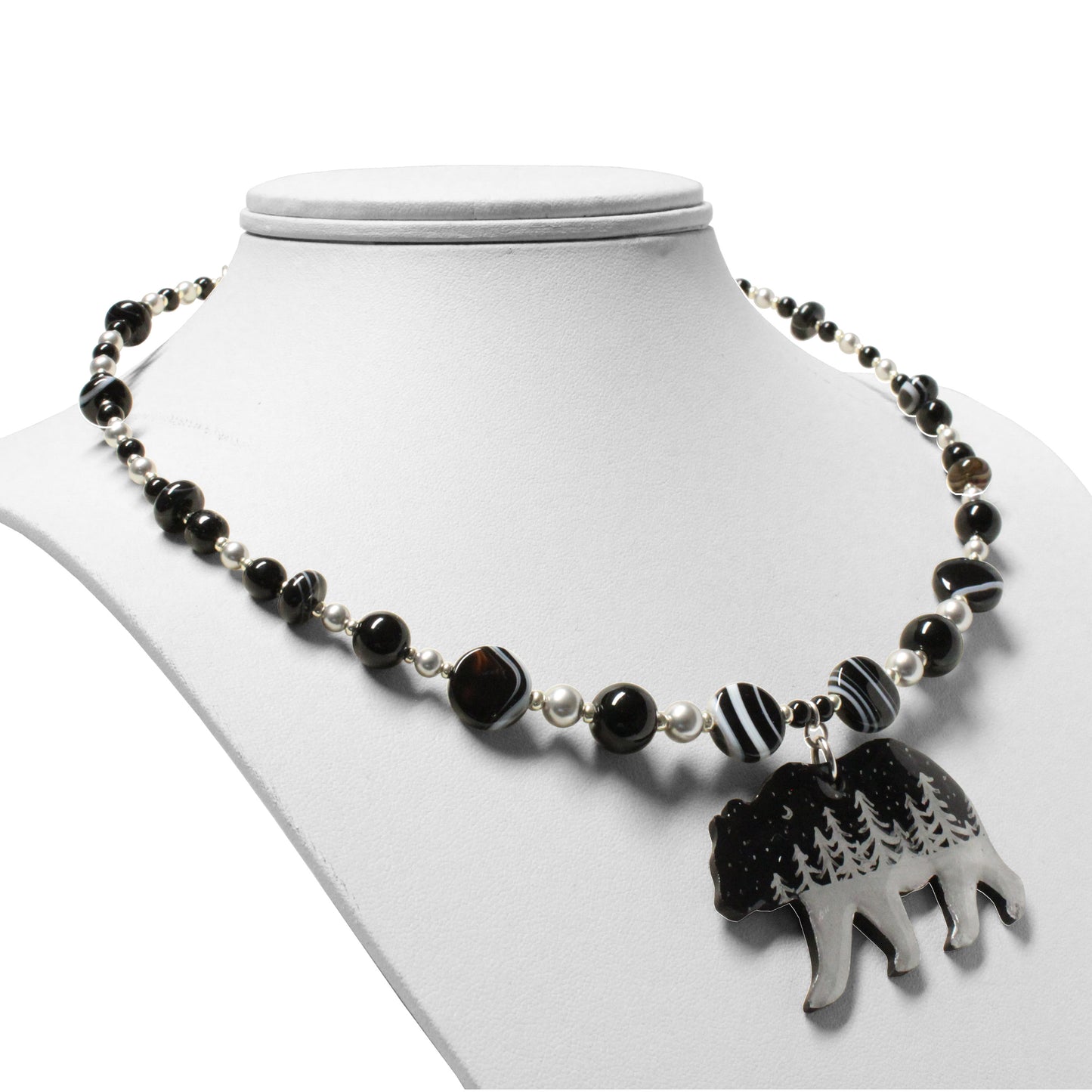 Night Forest Bear Necklace / black and silver / hand-painted pendant