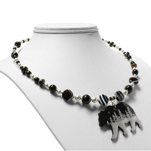 Night Forest Bear Necklace / black and silver / hand-painted pendant
