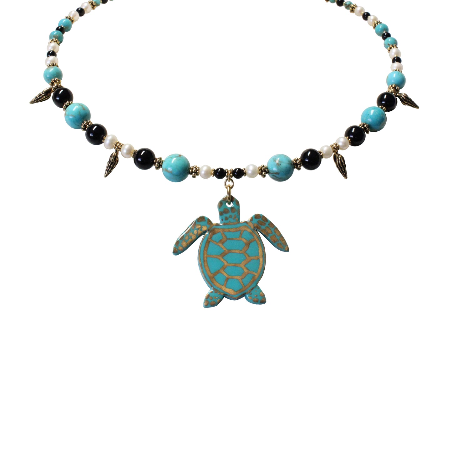 Sea Turtle Necklace / hand-painted pendant with stabilized genuine turquoise (#8 Mine Nevada)