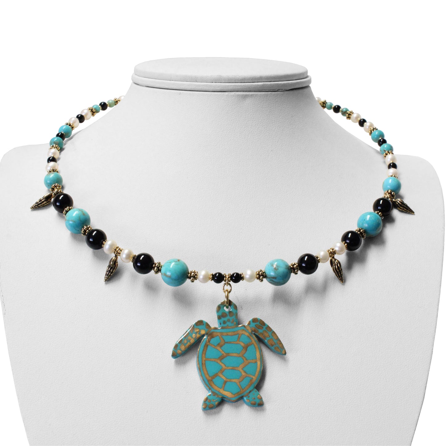 Sea Turtle Necklace / hand-painted pendant with stabilized genuine turquoise (#8 Mine Nevada)