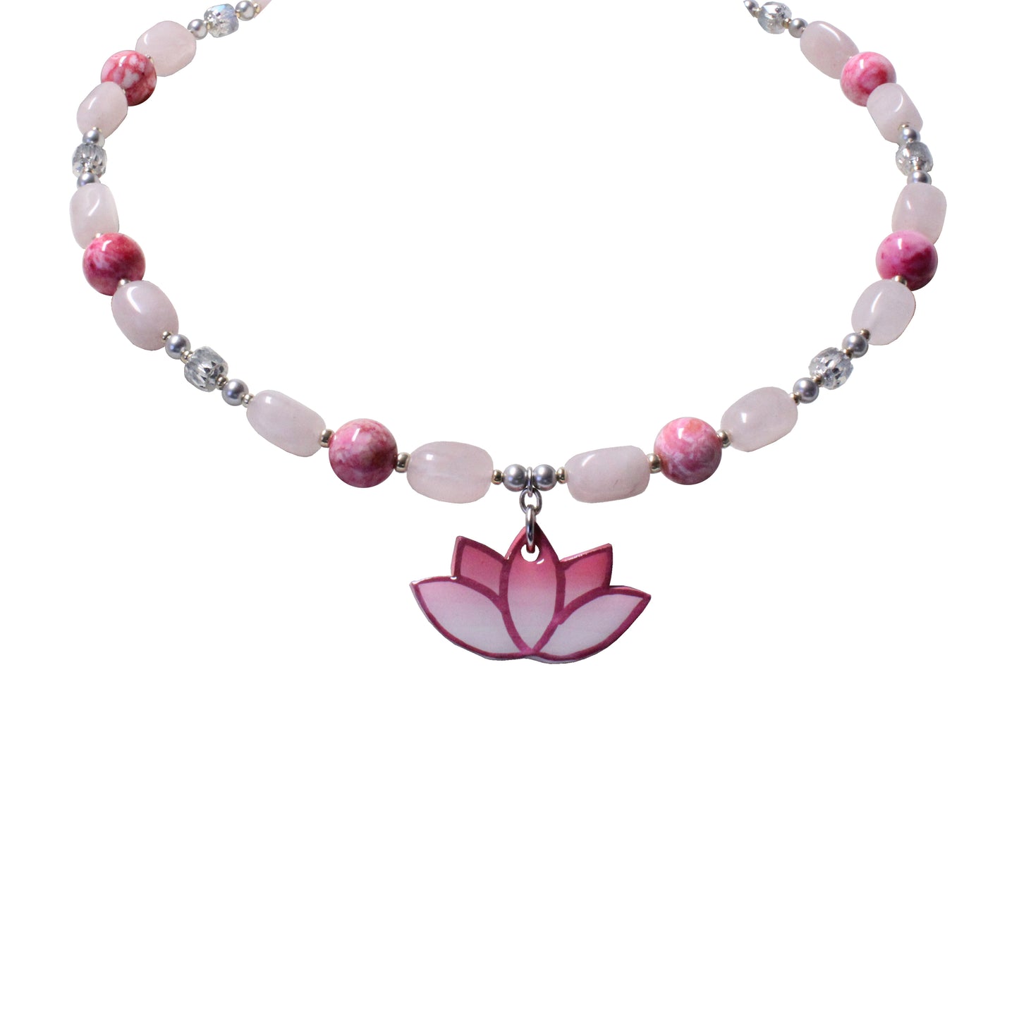 Pink Lotus Necklace / with rose quartz gemstones / hand-painted pendant