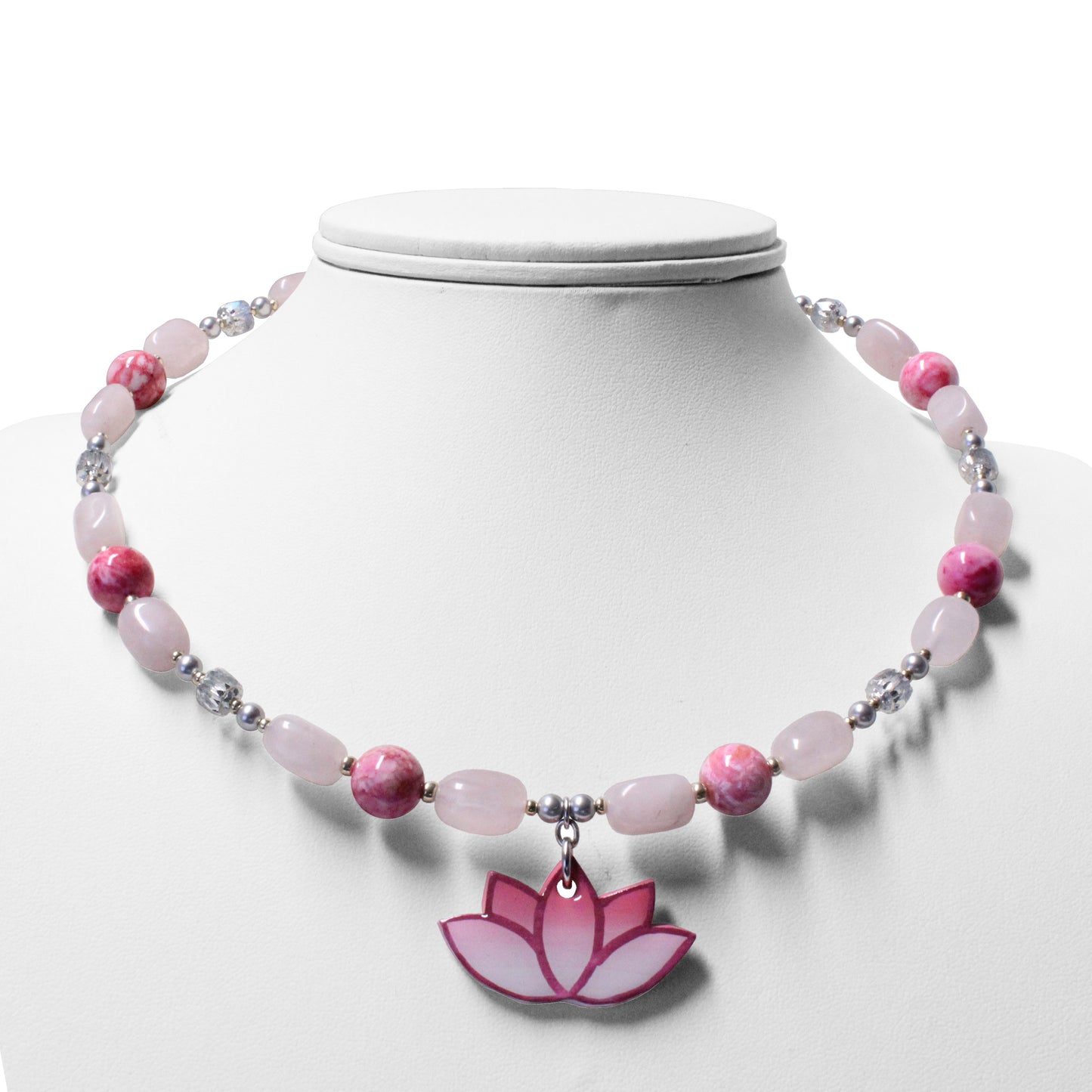 Pink Lotus Necklace / with rose quartz gemstones / hand-painted pendant