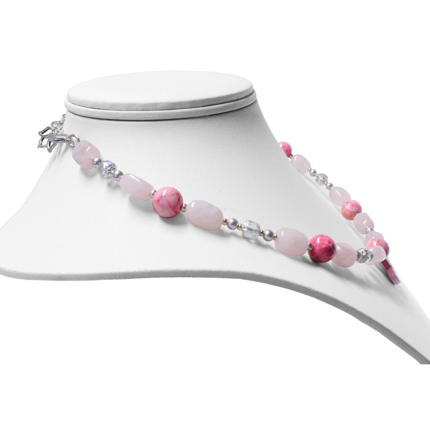 Pink Lotus Necklace / with rose quartz gemstones / hand-painted pendant