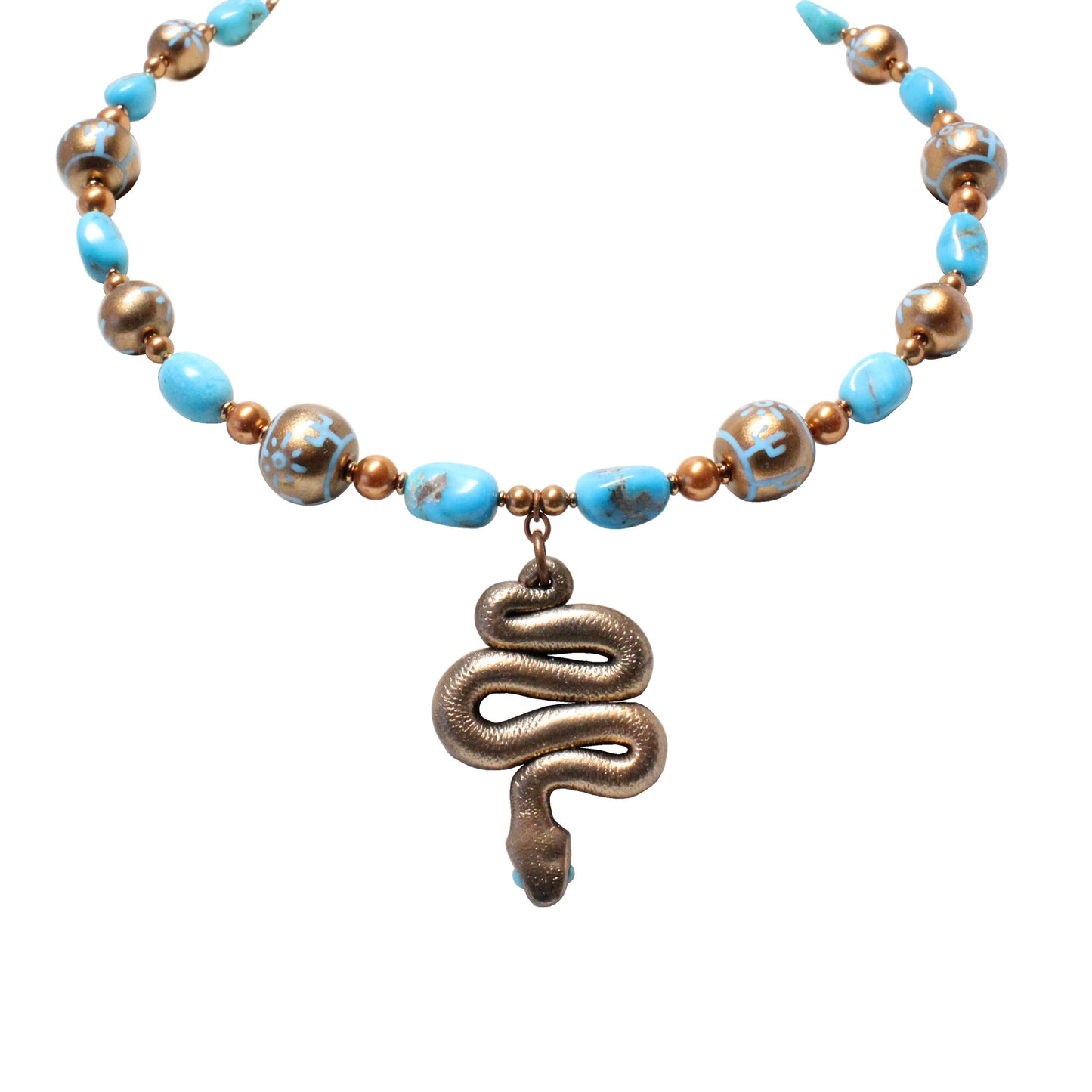 Turquoise Desert Scene Necklace / stabilized Nacozari turquoise / hand-painted snake pendant and beads