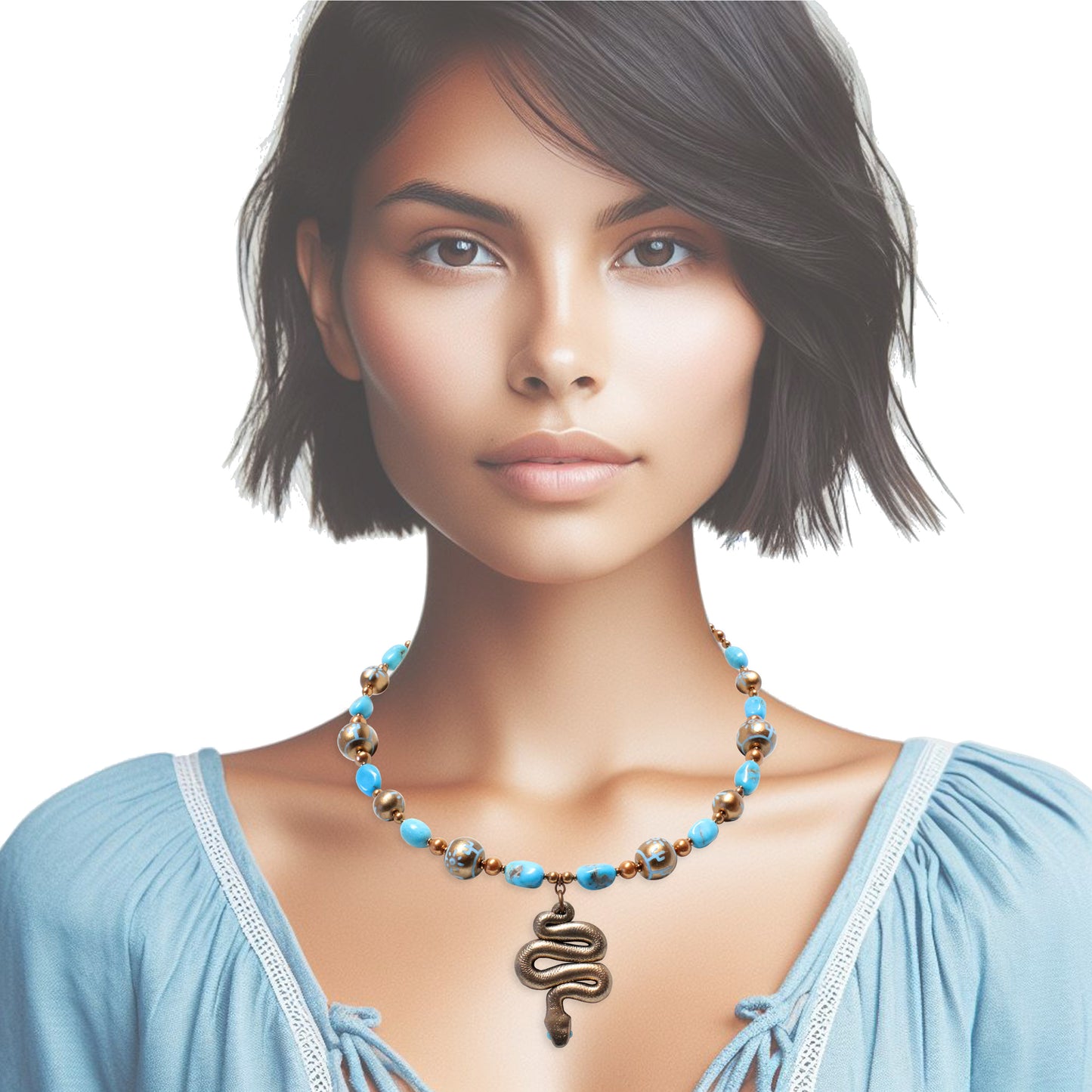 Turquoise Desert Scene Necklace / stabilized Nacozari turquoise / hand-painted snake pendant and beads